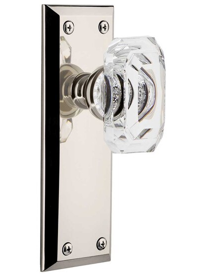 Grandeur Fifth-Avenue Door Set with Clear Crystal-Glass Baguette Knobs in Polished Nickel.